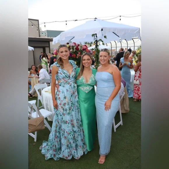 Ieena for Mac Duggal | Blue Chiffon V-Neck Sleeveless Cut-Out Lace Up Back Gown - Picture 3 of 4